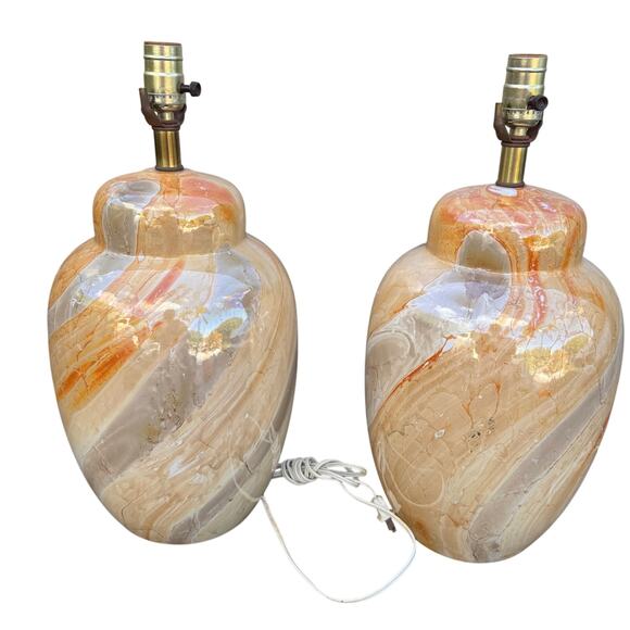 Vintage "Marble" Translucent Glazed Porcelain Table Lamps Pair of 2 Italy - Picture 6 of 8